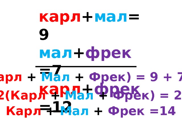 карл + мал =9  мал + фрек =7  карл + фрек =12 2(Карл + Мал + Фрек) = 9 + 7 +12 2(Карл + Мал + Фрек) = 28 Карл + Мал + Фрек =14 