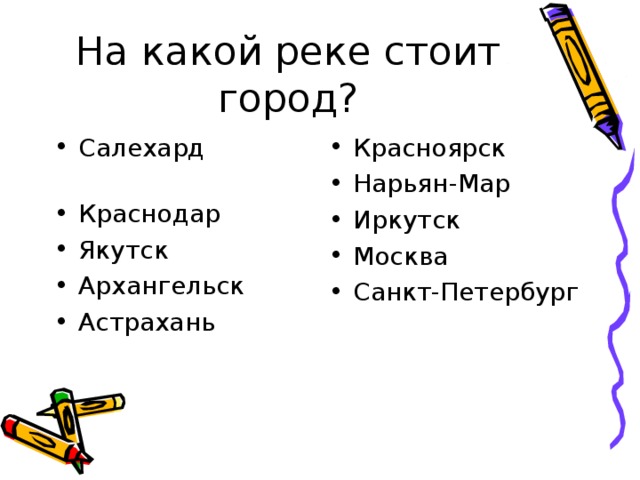 На какой реке стоит город? Салехард Краснодар Якутск Архангельск Астрахань  Красноярск Нарьян-Мар Иркутск Москва Санкт-Петербург 