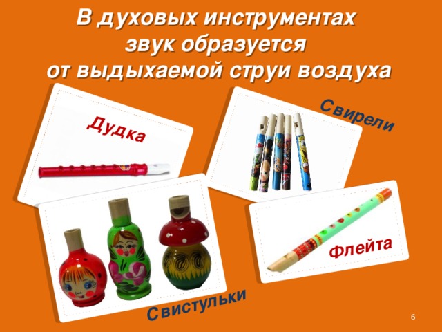 В духовых инструментах звук образуется от выдыхаемой струи воздуха Дудка Свирели Флейта Свистульки  