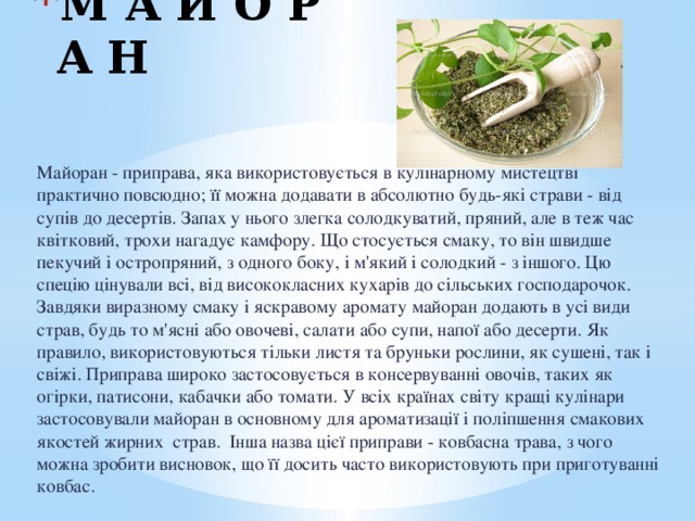 М А Й О Р А Н Майоран - приправа, яка використовується в кулінарному мистецтві практично повсюдно; її можна додавати в абсолютно будь-які страви - від супів до десертів. Запах у нього злегка солодкуватий, пряний, але в теж час квітковий, трохи нагадує камфору. Що стосується смаку, то він швидше пекучий і остропряний, з одного боку, і м'який і солодкий - з іншого. Цю спецію цінували всі, від висококласних кухарів до сільських господарочок. Завдяки виразному смаку і яскравому аромату майоран додають в усі види страв, будь то м'ясні або овочеві, салати або супи, напої або десерти. Як правило, використовуються тільки листя та бруньки рослини, як сушені, так і свіжі. Приправа широко застосовується в консервуванні овочів, таких як огірки, патисони, кабачки або томати. У всіх країнах світу кращі кулінари застосовували майоран в основному для ароматизації і поліпшення смакових якостей жирних страв. Інша назва цієї приправи - ковбасна трава, з чого можна зробити висновок, що її досить часто використовують при приготуванні ковбас. 