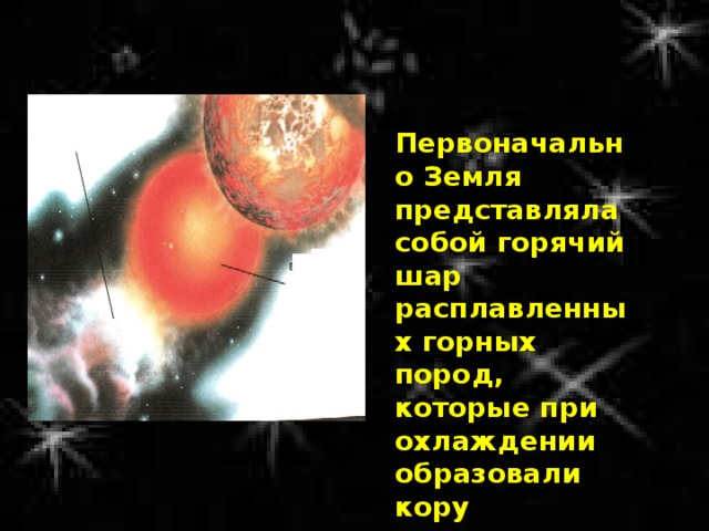 Первоначально Земля представляла собой горячий шар расплавленных горных пород, которые при охлаждении образовали кору 