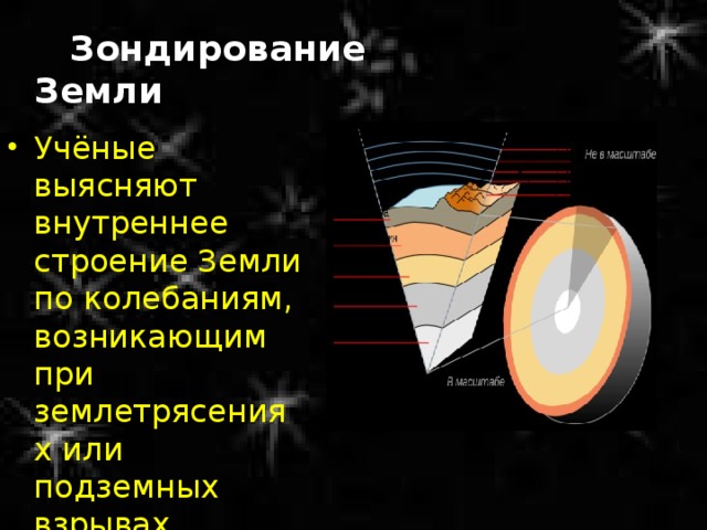  Зондирование Земли Учёные выясняют внутреннее строение Земли по колебаниям, возникающим при землетрясениях или подземных взрывах. 