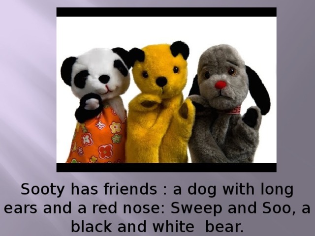 Sooty has friends : a dog with long ears and a red nose: Sweep and Soo, a black and white bear.