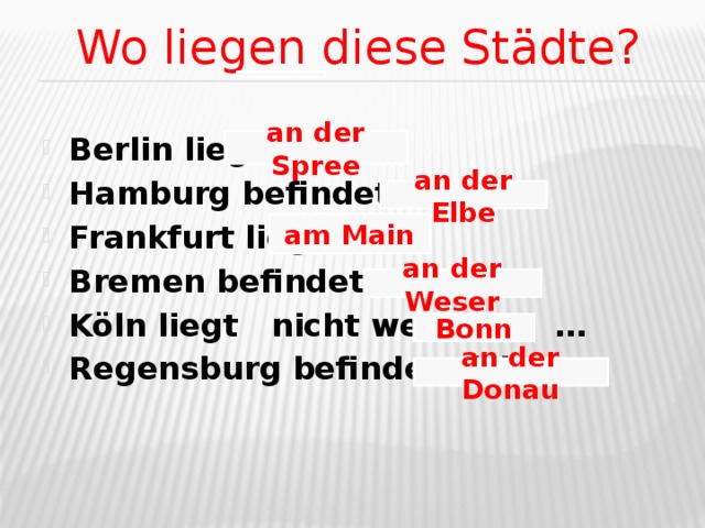 an der Elbe Wo liegen diese Städte? Berlin liegt … Hamburg befindet sich … Frankfurt liegt … Bremen befindet sich … Köln liegt nicht weit von … Regensburg befindet sich … an der Spree am Main an der Weser Bonn an der Donau