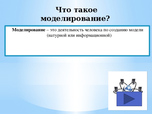  Что такое моделирование? Моделирование – это деятельность человека по созданию модели (натурной или информационной) 