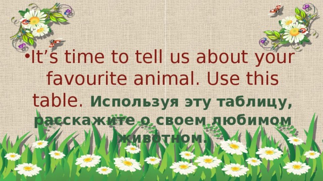 It’s time to tell us about your favourite animal. Use this table. Используя эту таблицу, расскажите о своем любимом животном.