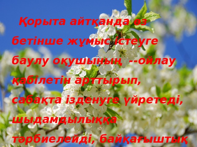  Қорыта айтқанда өз бетінше жұмыс істеуге баулу оқушының --ойлау қабілетін арттырып, сабақта ізденуге үйретеді, шыдамдылыққа тәрбиелейді, байқағыштық қасиетін дамытады. 