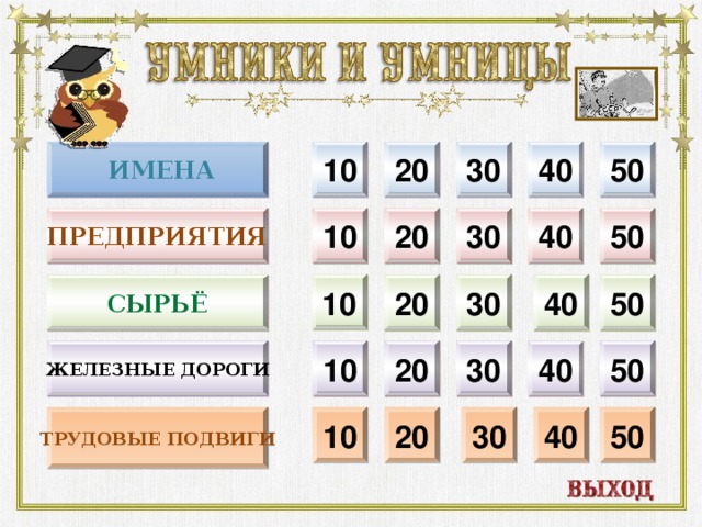 ИМЕНА 20 10 50 30 40 ПРЕДПРИЯТИЯ 40 30 20 10 50 10 СЫРЬЁ 50 30 20 40 50 40 30 20 10 ЖЕЛЕЗНЫЕ ДОРОГИ ТРУДОВЫЕ ПОДВИГИ 50 40 30 10 20