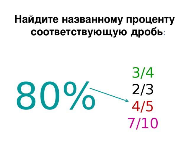 Найдите названному проценту соответствующую дробь : 80% 3/4  2/3   4/5  7/10