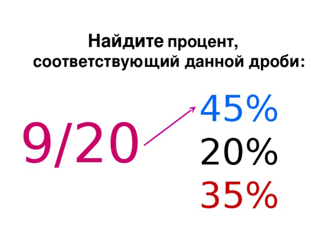 Найдите  процент, соответствующий данной дроби: 45% 20% 35% 9/20