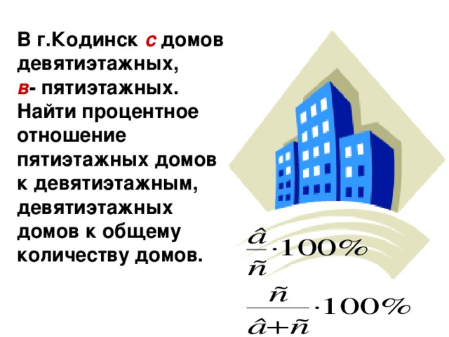 В г.Кодинск с домов девятиэтажных,  в - пятиэтажных.  Найти процентное отношение пятиэтажных домов к девятиэтажным, девятиэтажных домов к общему количеству домов.