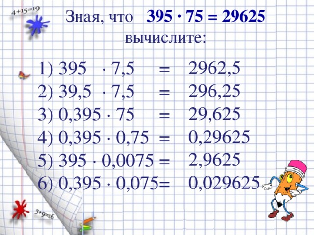 Зная, что  395 · 75 = 29625  вычислите:   2962,5 296,25 29,625 0,29625 2,9625 0,029625