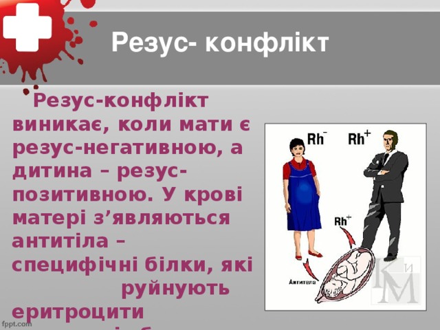Резус- конфлікт  Резус-конфлікт виникає, коли мати є резус-негативною, а дитина – резус-позитивною. У крові матері з’являються антитіла – специфічні білки, які руйнують еритроцити матері або дитини.