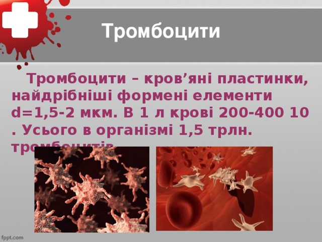 Тромбоцити  Тромбоцити – кров’яні пластинки, найдрібніші формені елементи d=1,5-2 мкм. В 1 л крові 200-400 10 . Усього в організмі 1,5 трлн. тромбоцитів.