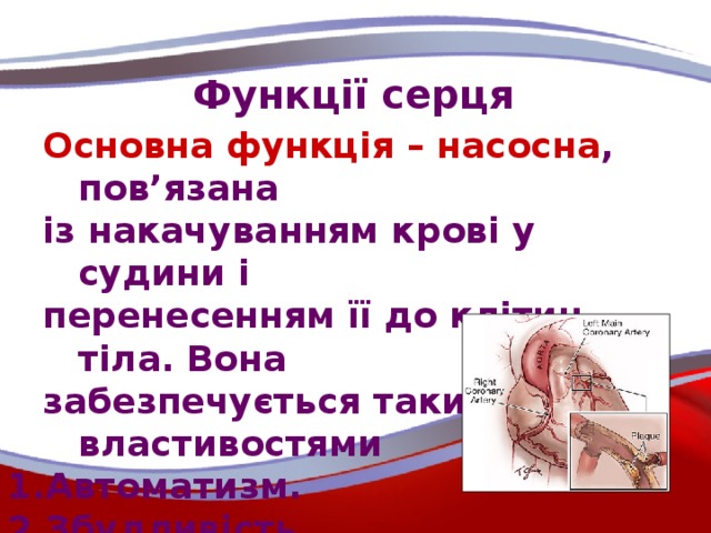 Функції серця Основна функція – насосна , пов’язана із накачуванням крові у судини і перенесенням її до клітин тіла. Вона забезпечується такими властивостями