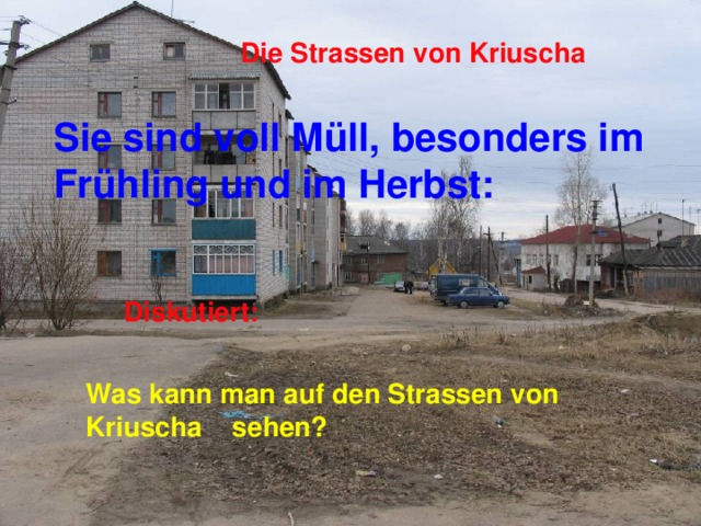 Die Strassen von Kriuscha Sie sind voll M üll, besonders im Frühling und im Herbst: Diskutiert: Was kann man auf den Strassen von Kriuscha sehen?