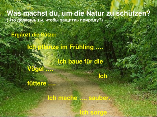 Was machst du, um die Natur zu sch ützen? (Что делаешь ты, чтобы защитиь природу?) Erg änzt die Sätze: Ich pflanze im Fr ühling …. Ich baue für die Vögel …. Ich füttere …. Ich mache …. sauber. Ich sorge für meine …. Ich halte …. sauber. Ich helfe …. Ich bastle …. Ich verschmutze keine …. Ich bin die ….