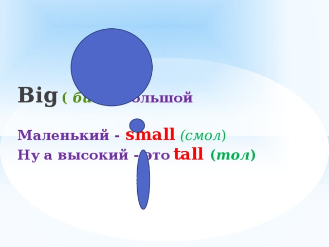    Big  ( биг ) - большой      Маленький -  small  (смол )  Ну а высокий - это  tall  ( тол ) 