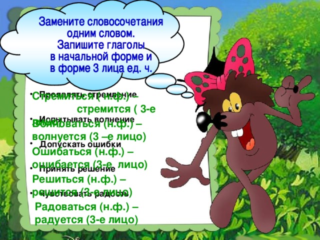 Проявлять стремление  Испытывать волнение  Допускать ошибки Стремиться ( н.ф.) – стремится ( 3-е лицо)   Принять решение  Чувствовать радость Волноваться (н.ф.) – волнуется (3 –е лицо) Ошибаться (н.ф.) – ошибается (3-е лицо)  Решиться (н.ф.) – решится (3-е лицо) Радоваться (н.ф.) – радуется (3-е лицо) 
