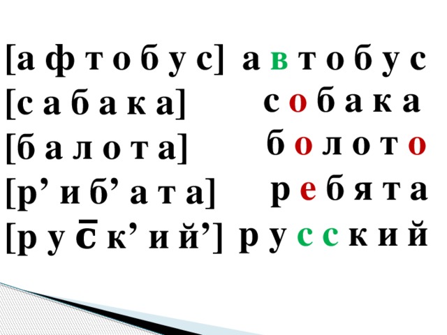 а в т о б у с [а ф т о б у с] [с а б а к а] [б а л о т а] [р’ и б’ а т а] [р у с̅ к’ и й’]    с о б а к а б о л о т о р е б я т а р у с с к и й 
