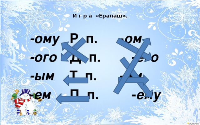 -ому   Р. п.   - ом -ого   Д. п.  - его -ым   Т. п.   - им - ем   П. п.  - ему  И г р а «Ералаш».   