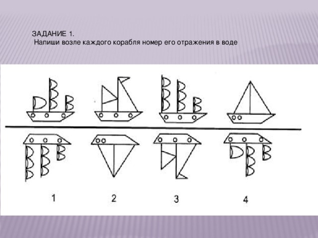 ЗАДАНИЕ 1.   Напиши возле каждого корабля номер его отражения в воде  