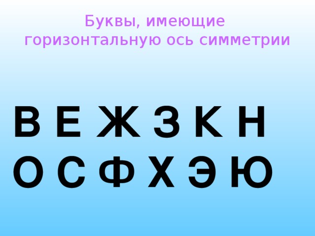 Буквы, имеющие горизонтальную ось симметрии В Е Ж З К Н О С Ф Х Э Ю 