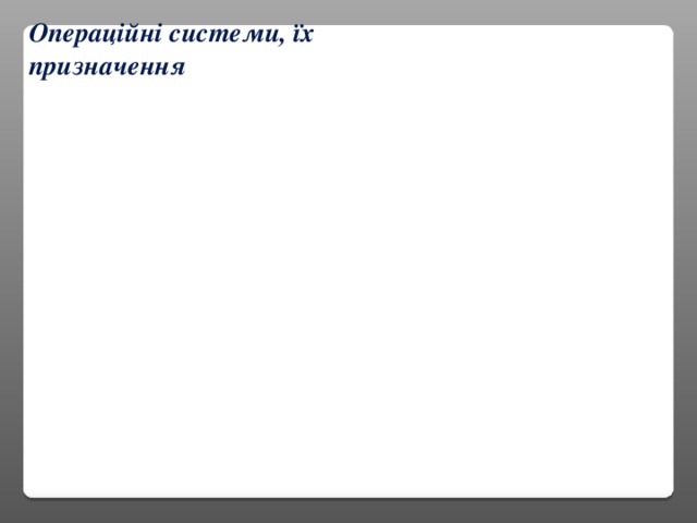 Операційні системи, їх призначення Операційна система (ОС) драйвери файлова система Інтерфейс користувача базова система введення/виведення набір програм —