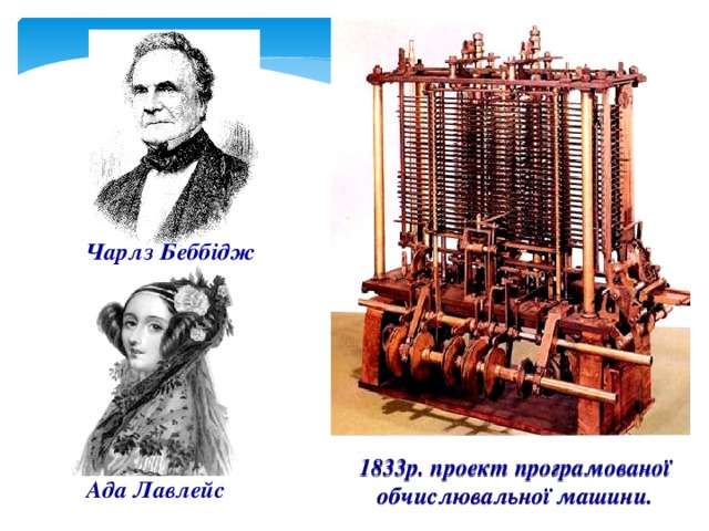 Чарлз Беббідж 1833р. проект програмованої обчислювальної машини. Ада Лавлейс