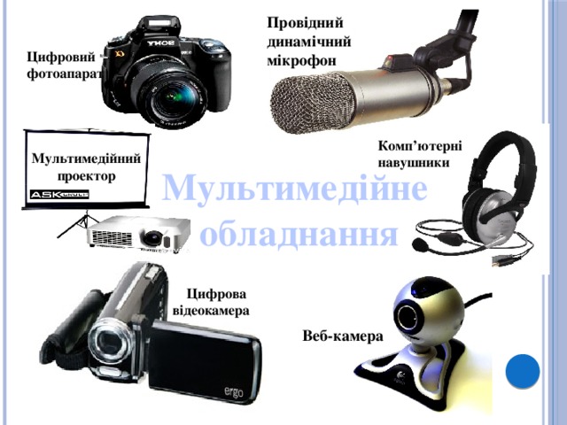 Провідний динамічний мікрофон Цифровий фотоапарат Комп’ютерні навушники Мультимедійний проектор Мультимедійне обладнання Цифрова відеокамера Веб-камера