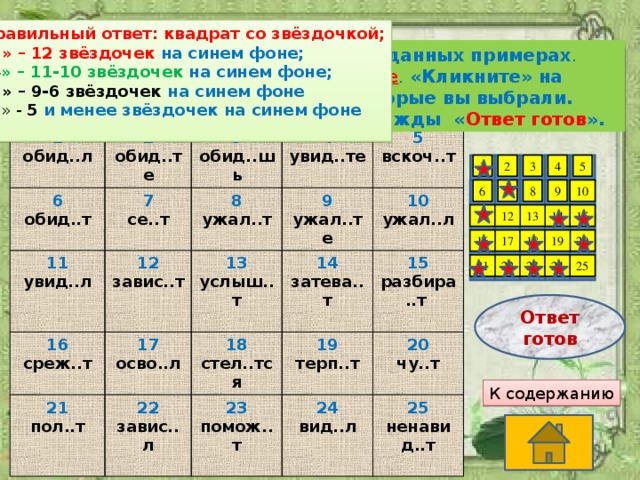 Правильный ответ: квадрат со звёздочкой; «5» – 12 звёздочек на синем фоне; « 4» – 11-10 звёздочек на синем фоне; «3» – 9-6 звёздочек на синем фоне « 2 » - 5  и менее звёздочек на синем фоне Подумайте, е или и надо писать в данных примерах . Выберите 12 ответов, где пишется е . «Кликните» на квадратиках с теми номерами, которые вы выбрали. Завершив задание, «кликните» дважды « Ответ готов ». 1 обид..л 2 6 обид..те 11 обид..т 3 7 се..т 4 увид..л обид..шь 12 8 16 завис..т увид..те 21 9 среж..т 13 ужал..т 17 5 осво..л пол..т вскоч..т 14 услыш..т 22 ужал..те 18 10 завис..л затева..т 23 19 ужал..л стел..тся 15 помож..т 24 терп..т разбира..т  20  вид..л чу..т  25 ненавид..т 4 5 3 1 2 10 7 9 8 6 11 15 12 13 14 19 20 18 16 17 23 25 24 21 22 Ответ готов К содержанию
