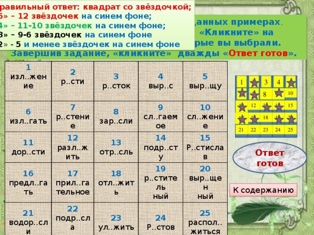 Правильный ответ: квадрат со звёздочкой; «5» – 12 звёздочек на синем фоне; « 4» – 11-10 звёздочек на синем фоне; «3» – 9-6 звёздочек на синем фоне « 2 » - 5  и менее звёздочек на синем фоне Подумайте, о или а надо писать в данных примерах . Выберите 12 ответов, где пишется А . «Кликните» на квадратиках с теми номерами, которые вы выбрали. Завершив задание, «кликните» дважды « Ответ готов ». 1 изл..жение 2 6 р..сти 3 11 изл..гать 7 дор..сти 12 р..стение р..сток 4 8 16 разл..жить выр..с 9 21 5 предл..гать 17 зар..сли 13 отр..сль водор..сли 14 сл..гаемое прил..гательное выр..щу 22 18 10 подр..сла подр..сту 15 сл..жение 19 отл..жить 23 24 р..ститель ул..жить Р..стислав 20 Р..стов ный 25 выр..щен распол..житься ный 4 5 3 1 2 10 9 8 7 6 11 12 13 14 15 16 18 19 20 17 22 25 24 23 21 Ответ готов К содержанию