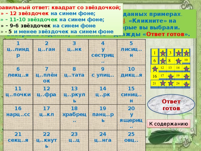 Правильный ответ: квадрат со звёздочкой; «5» – 12 звёздочек на синем фоне; « 4» – 11-10 звёздочек на синем фоне; «3» – 9-6 звёздочек на синем фоне « 2 » - 5  и менее звёздочек на синем фоне Подумайте, ы или и надо писать в данных примерах . Выберите 12 ответов, где пишется Ы . «Кликните» на квадратиках с теми номерами, которые вы выбрали. Завершив задание, «кликните» дважды « Ответ готов ». 1 ц..линдр 2 6 ц..ган лекц..я 7 3 11 12 ц..плёнок 4 ц..нк ц..почки 8 16 ц..фра у сестриц.. 13 21 ц..тата 9 нарц..сс 17 5 22 секц..я лисиц..н ц..кл с улиц.. 14 ц..ркуль 18 10 ц..кнуть ц..рк дикц..я храбрец.. 19 15 23 панц..рь 24 ц..ц синиц..н  20 ц..нга 25 у ящериц.. овц.. 4 5 3 1 2 10 9 8 7 6 11 12 13 14 15 17 16 18 19 20 25 24 23 22 21 Ответ готов К содержанию