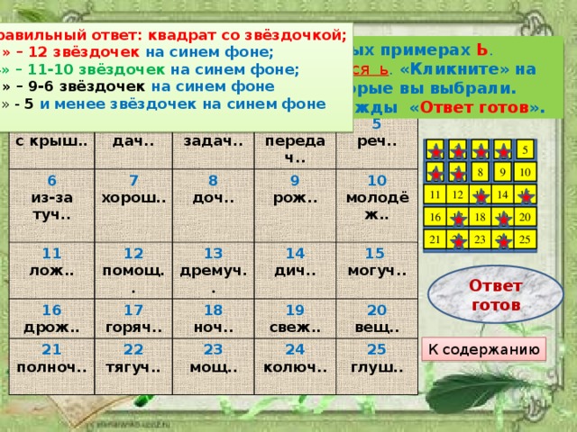 Правильный ответ: квадрат со звёздочкой; «5» – 12 звёздочек на синем фоне; « 4» – 11-10 звёздочек на синем фоне; «3» – 9-6 звёздочек на синем фоне « 2 » - 5  и менее звёздочек на синем фоне Подумайте, надо ли писать в данных примерах Ь . Выберите 12 ответов, где НЕ  пишется ь . «Кликните» на квадратиках с теми номерами, которые вы выбрали. Завершив задание, «кликните» дважды « Ответ готов ». 1 2 с крыш.. 6 дач.. из-за туч.. 7 3 11 12 задач.. хорош.. 4 лож.. 8 16 передач.. помощ.. 13 5 21 доч.. дрож.. 17 9 реч.. 22 полноч.. рож.. 14 дремуч.. горяч.. 18 10 дич.. тягуч.. 19 молодёж.. 15  23 ноч.. свеж.. могуч.. 24 мощ..  20 колюч.. вещ.. 25 глуш.. 2 5 3 1 4 8 9 10 7 6 12 14 11 15 13 17 19 16 20 18 24 25 23 21 22 Ответ готов К содержанию