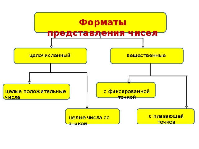 Форматы представления чисел вещественные целочисленный целые положительные числа с фиксированной точкой с плавающей точкой целые числа со знаком 
