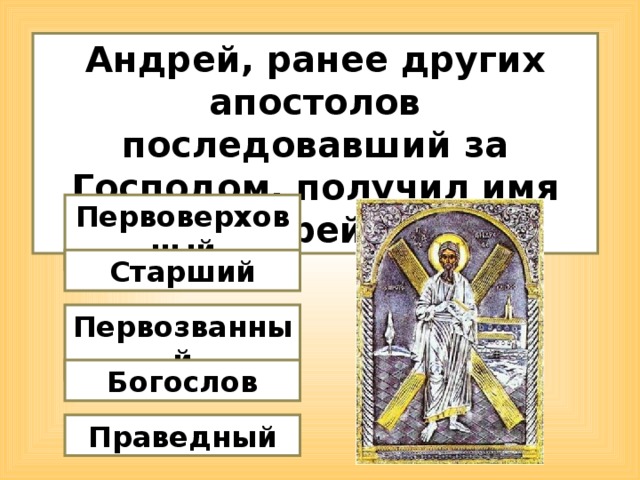 Андрей, ранее других апостолов последовавший за Господом, получил имя Андрей…? Первоверховный Старший Первозванный Богослов Праведный  