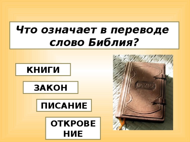 Что означает в переводе слово Библия? КНИГИ ЗАКОН ПИСАНИЕ ОТКРОВЕНИЕ  