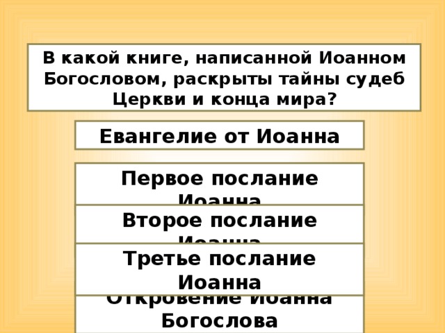 В какой книге, написанной Иоанном Богословом, раскрыты тайны судеб Церкви и конца мира? Евангелие от Иоанна Первое послание Иоанна Второе послание Иоанна Третье послание Иоанна Откровение Иоанна Богослова  