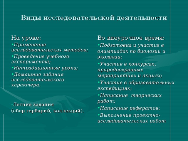 Виды исследовательской деятельности На уроке: Во внеурочное время: Применение исследовательских методов; Проведение учебного эксперимента; Нетрадиционные уроки; Домашние задания исследовательского характера.  Подготовка и участие в олимпиадах по биологии и экологии; Участие в конкурсах, природоохранных мероприятиях и акциях; Участие в образовательных экспедициях; Написание творческих работ; Написание рефератов ; Выполнение проектно-исследовательских работ  Летние задания (сбор гербарий, коллекций).