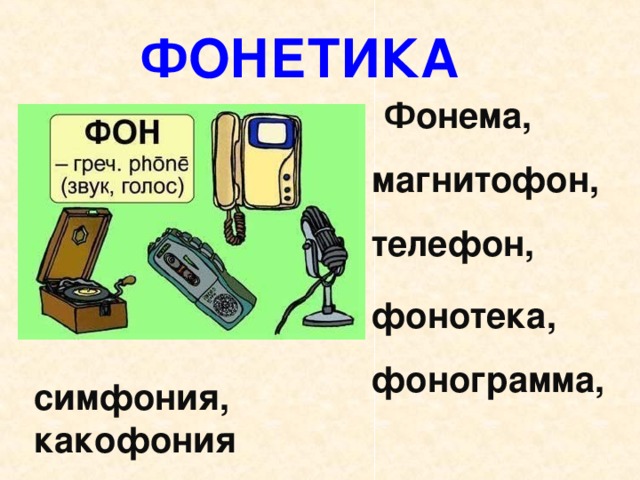 ФОНЕТИКА  Фонема, магнитофон, телефон, фонотека, фонограмма, симфония, какофония 