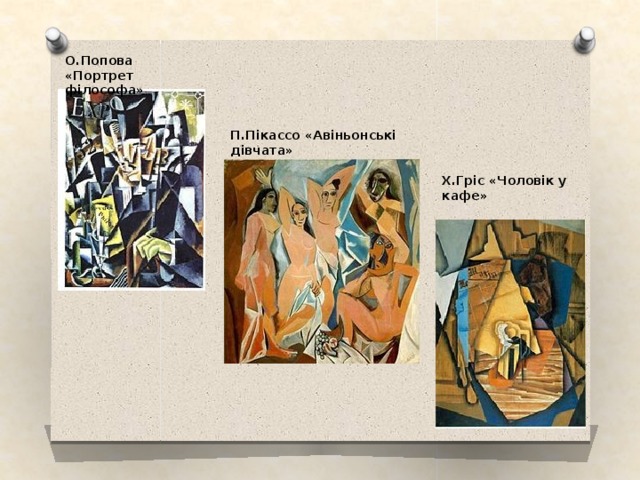 О.Попова «Портрет філософа» П.Пікассо «Авіньонські дівчата» Х.Гріс «Чоловік у кафе» 