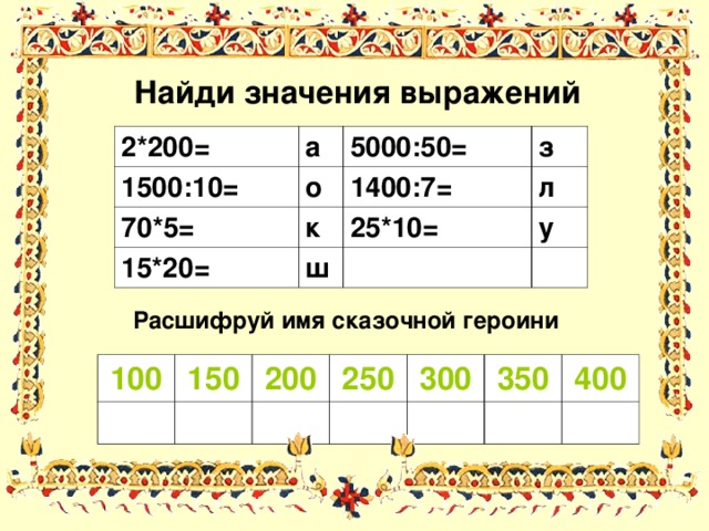 Найди значения выражений  2*200 = а 1500:10= о 70 * 5 = 5000:50= к 15*20 = 1400:7= з л ш 25*10= у Расшифруй имя сказочной героини  100 150 200 250 300 350 400 