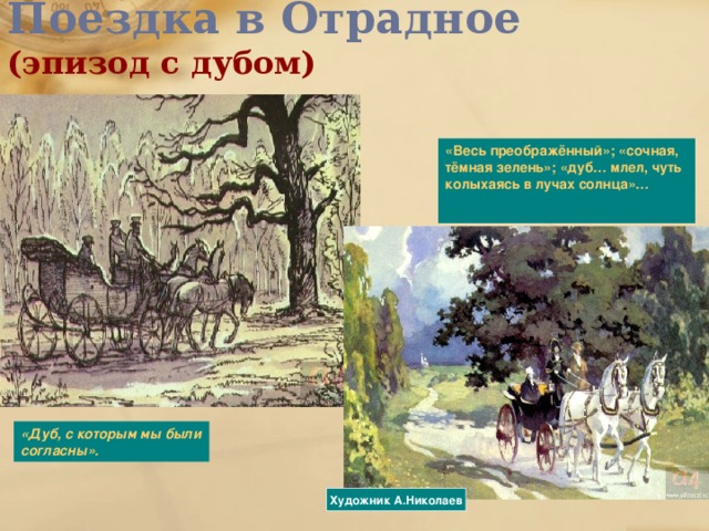 Поездка в Отрадное (эпизод с дубом) «Весь преображённый»; «сочная, тёмная зелень»; «дуб… млел, чуть колыхаясь в лучах солнца»…  «Дуб, с которым мы были согласны». Художник А.Николаев 