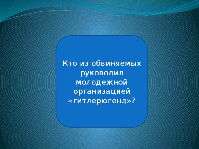 Бальдур фон Ширах Кто из обвиняемых руководил молодежной организацией «гитлерюгенд»? 