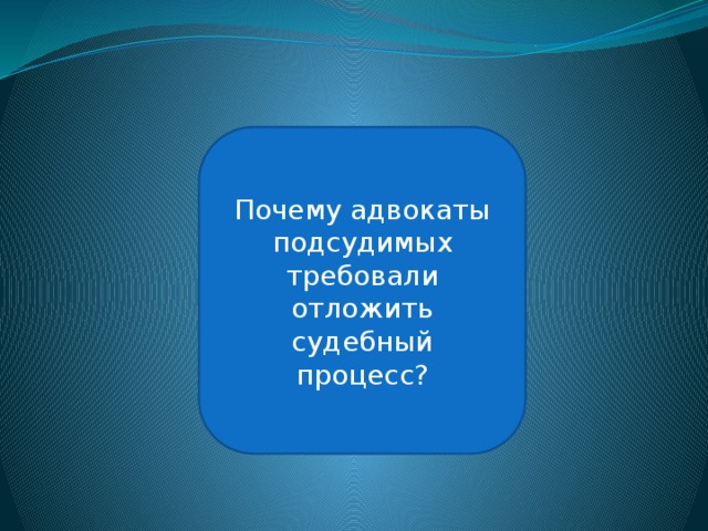 Не существует закона, устанавливающего наказание глав государств за ведение агрессивных войн Почему адвокаты подсудимых требовали отложить судебный процесс? 
