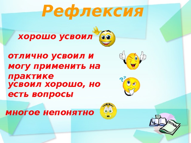 Рефлексия   хорошо усвоил отлично усвоил и могу применить на практике усвоил хорошо, но есть вопросы многое непонятно   