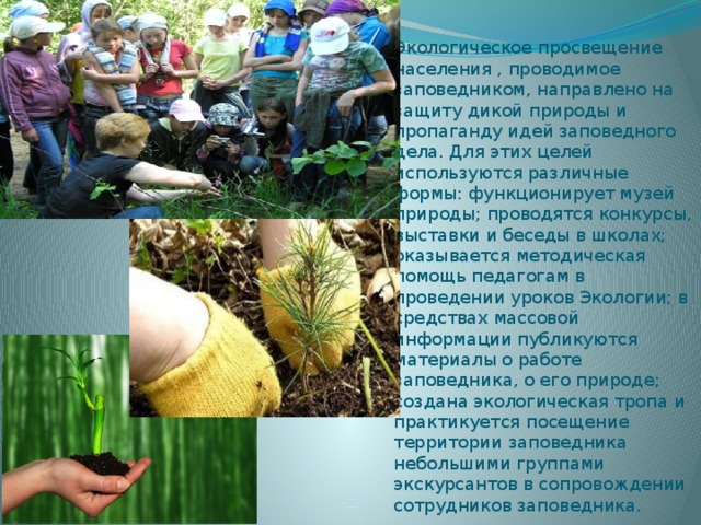 Экологическое просвещение населения , проводимое заповедником, направлено на защиту дикой природы и пропаганду идей заповедного дела. Для этих целей используются различные формы: функционирует музей природы; проводятся конкурсы, выставки и беседы в школах; оказывается методическая помощь педагогам в проведении уроков Экологии; в средствах массовой информации публикуются материалы о работе заповедника, о его природе; создана экологическая тропа и практикуется посещение территории заповедника небольшими группами экскурсантов в сопровождении сотрудников заповедника. 