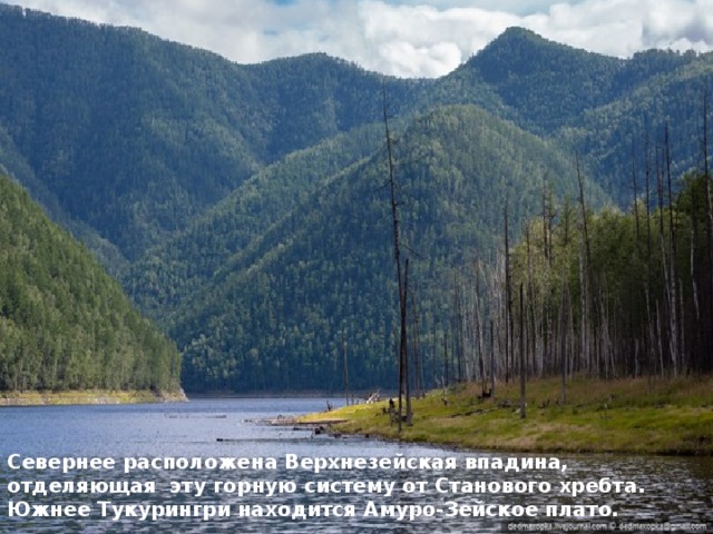 Севернее расположена Верхнезейская впадина, отделяющая эту горную систему от Станового хребта. Южнее Тукурингри находится Амуро-Зейское плато. 