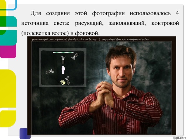   Для создания этой фотографии использовалось 4 источника света: рисующий, заполняющий, контровой (подсветка волос) и фоновой. 