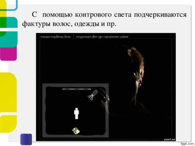   С помощью контрового света подчеркиваются фактуры волос, одежды и пр. 
